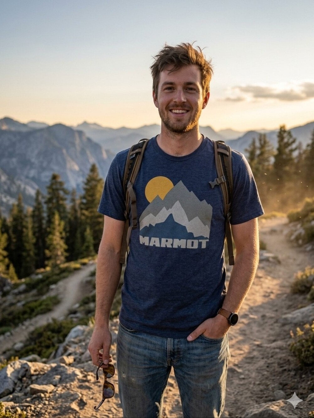 Marmot Navy Mountain Graphic Tee with Yellow Sun